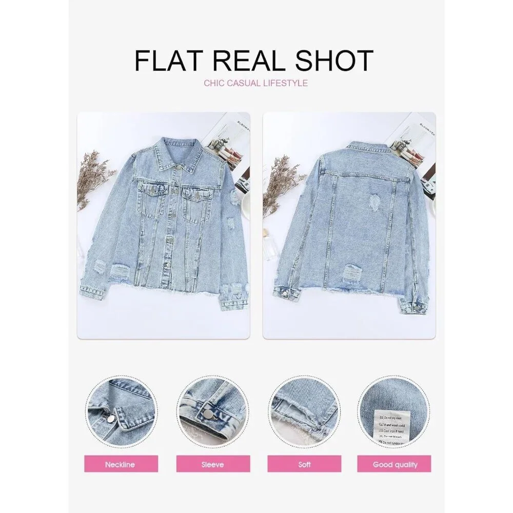 Women's Boyfriend Washed Crop Denim Jean Jacket Coat Casual Slim Fit Sky Blue - Picture 5 of 6